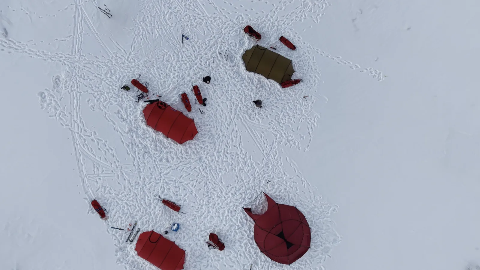 The camp from the air, tents, pulks, and tracks, on one of the flights I did record