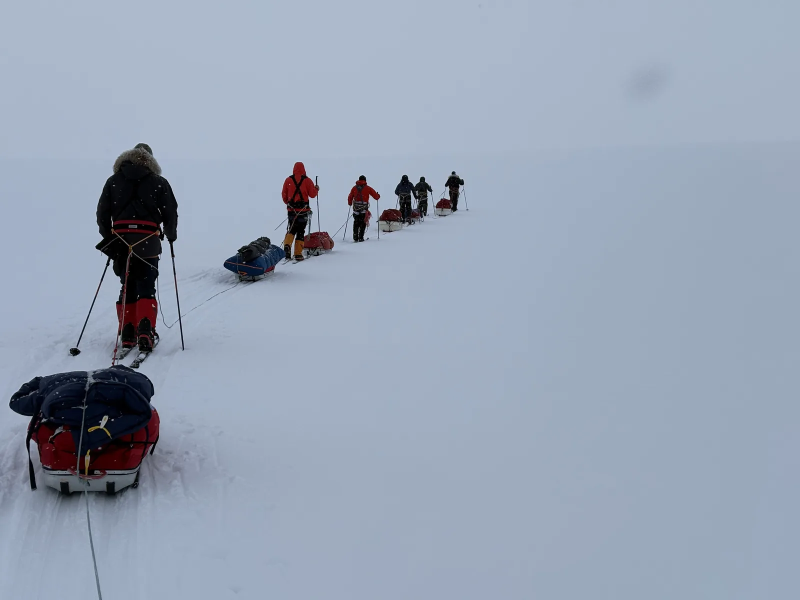 The line of pulks climbing in fog