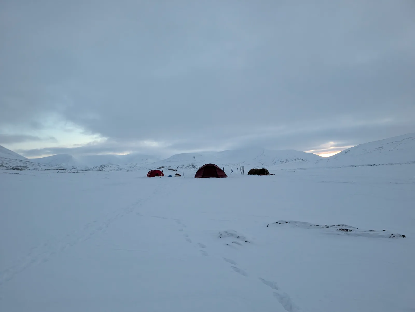 The first camp in flat light