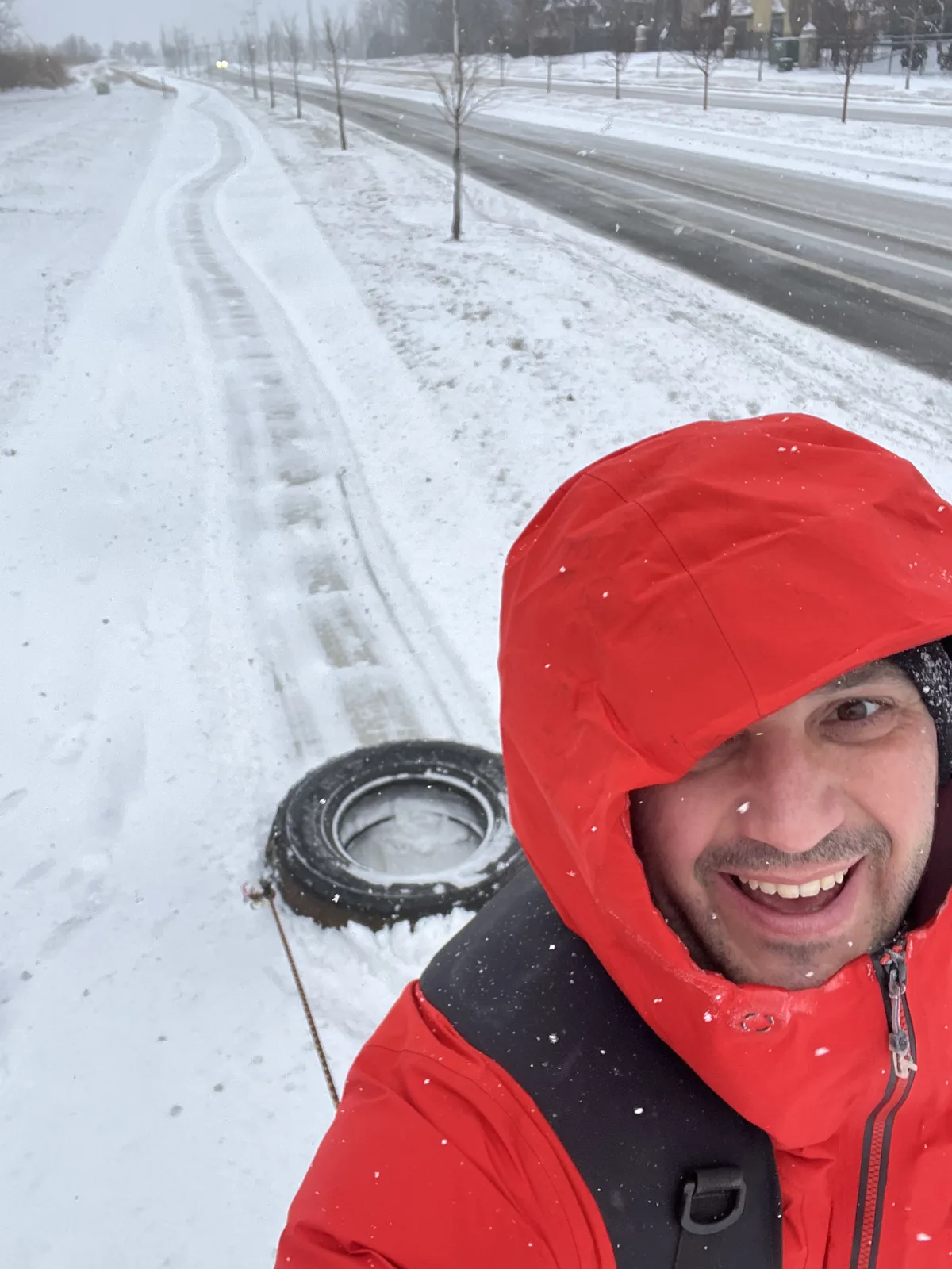 Pulling the tire through a snowy Kansas City, mid training